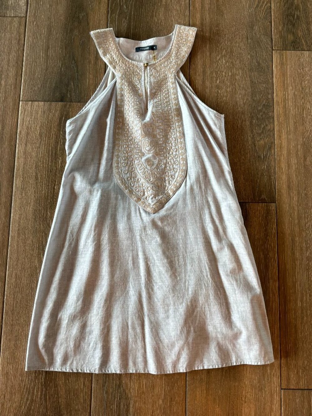 Theme pale blue /gray embroidered dress with keyhole front coastal size M